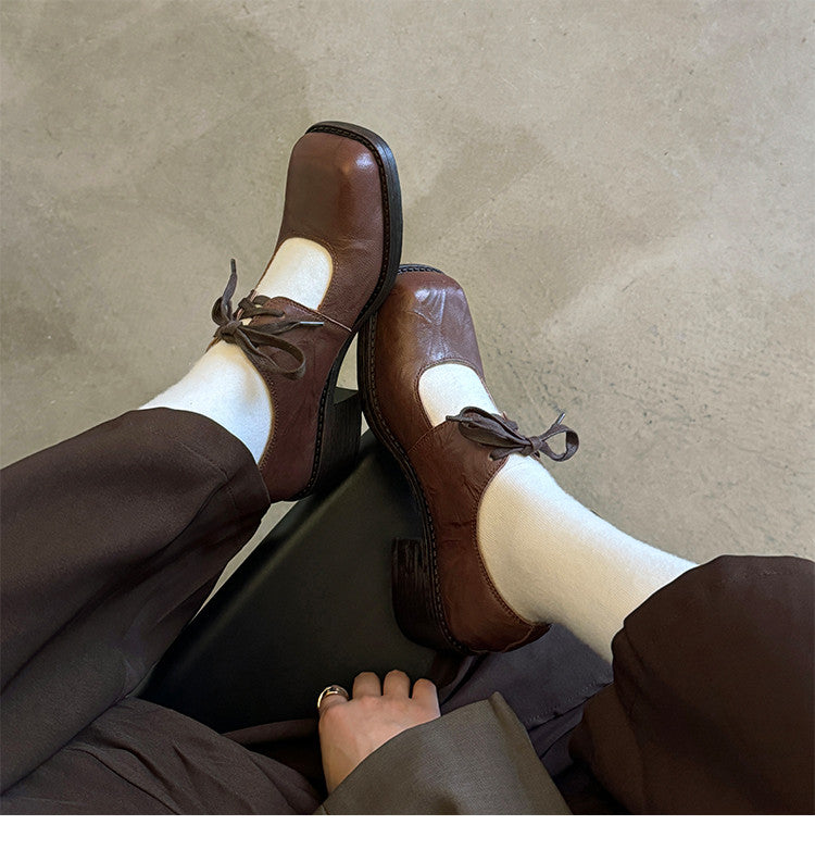 Karin Luna In Stock Spot Goods   Full leather inside and out Vegetable Tanned Hand-Grabbed Sheepskin Square-Toed Chunky Heel Single Shoes