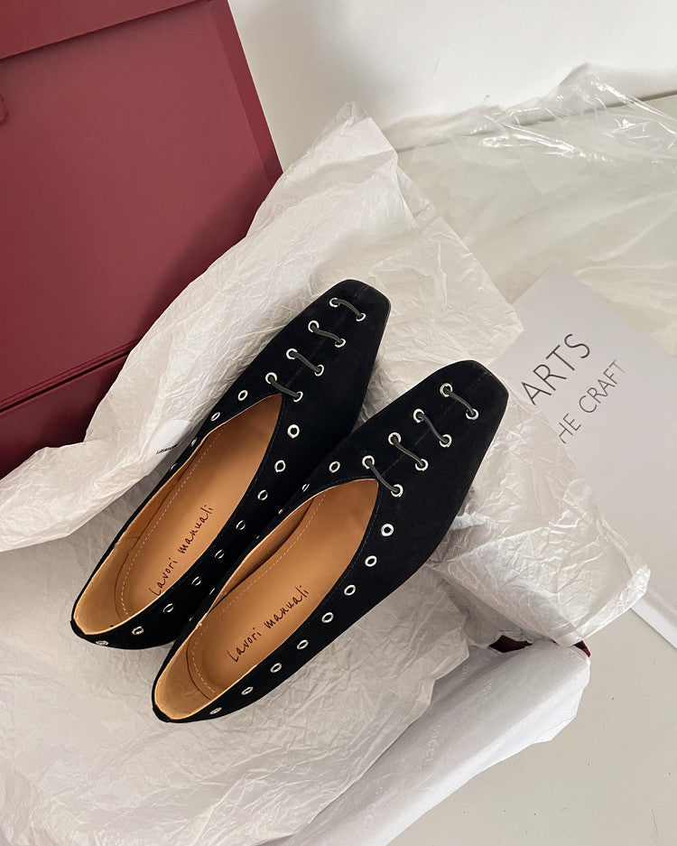 Karin Luna In Stock Spot Goods    Old Money Style Square Toe Suede Flats