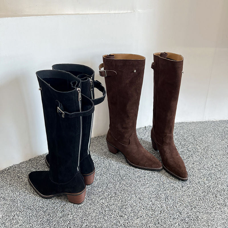 Karin Luna In Stock Spot Goods Retro Cowhide Leather Chunky Heel Suede Long Boots