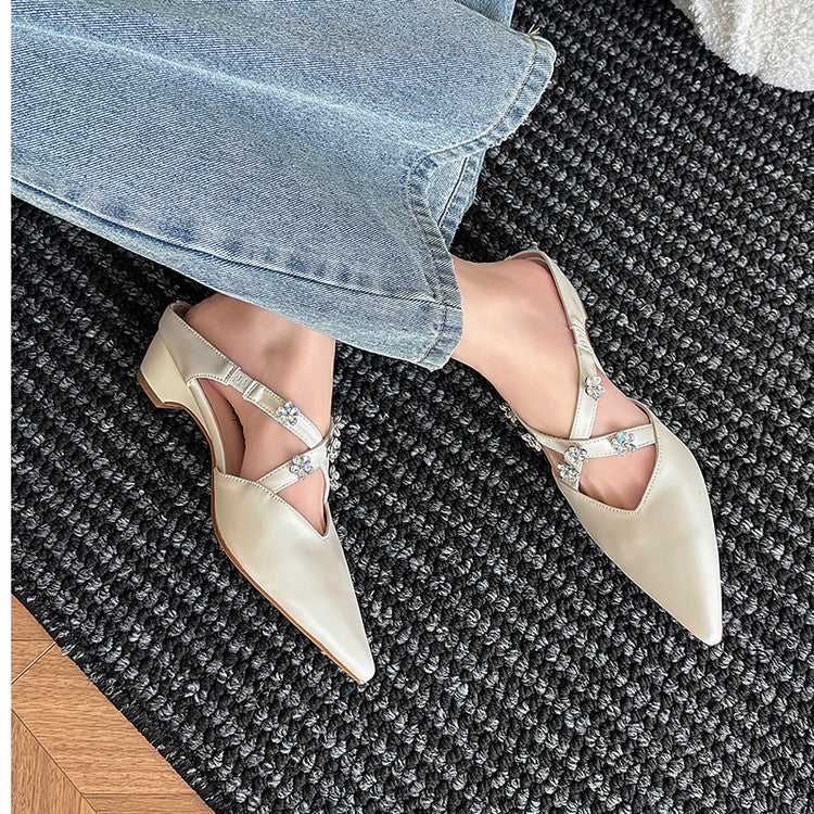 Karin Luna Elegant Pointed Toe Rhinestone Flower High Heel Mules