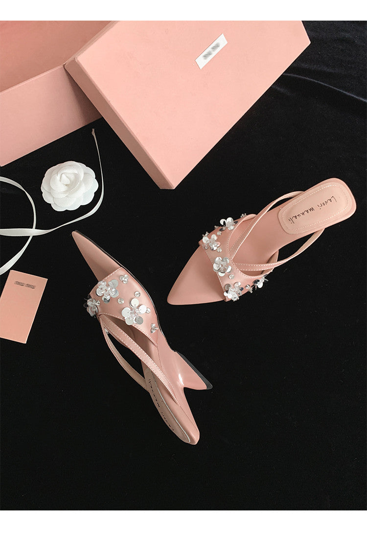Karin Luna Bestseller Sequin Elements Elegant Pointed Toe Irregular Heel Slippers