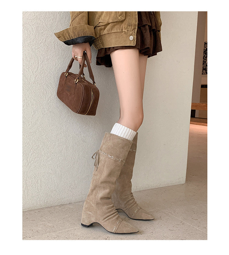 Karin Luna Elegant Style  Pointed Toe Pleated Hidden Wedge Western Boots