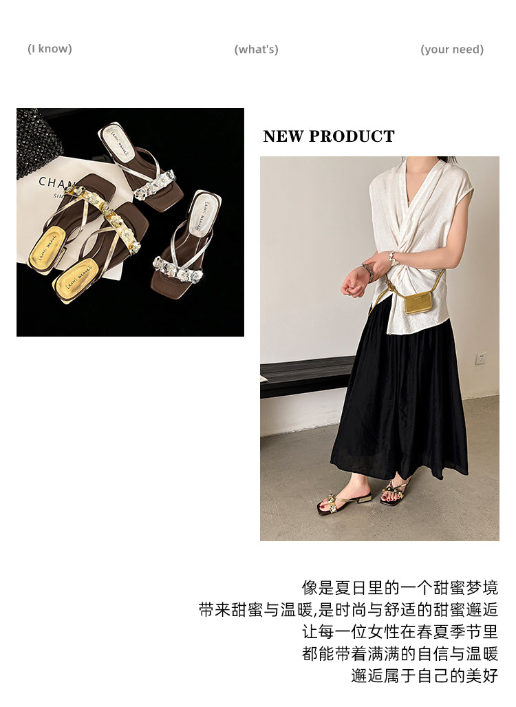 Karin Luna In Stock Spot Goods  One-Strap Sequin Floral Square-Toe Flat Slippers