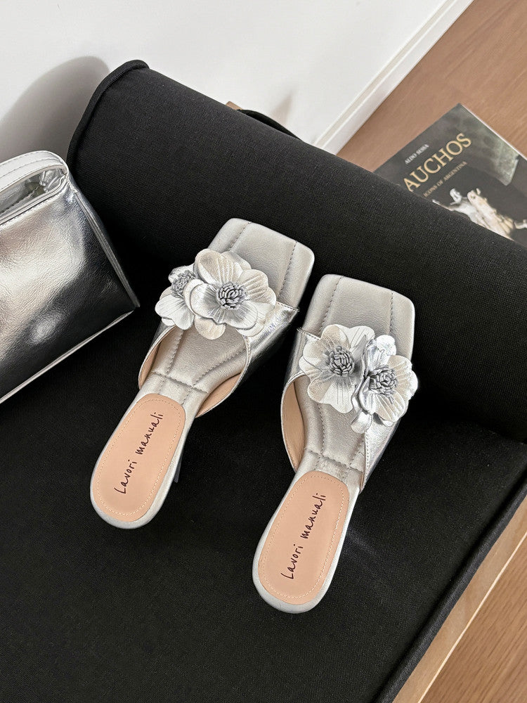 Karin Luna In Stock Spot Goods Camellia Classic style retro square toe shaped heel slippers