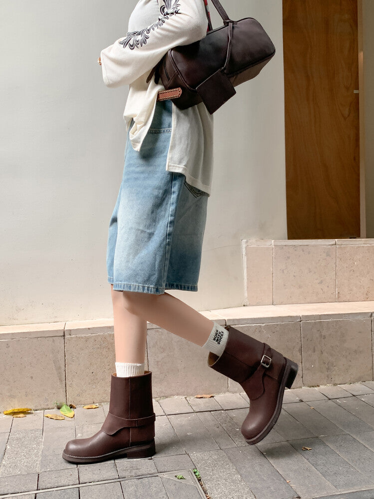 Karin Luna Belt Buckle Chunky Heel Fashion Short Boots