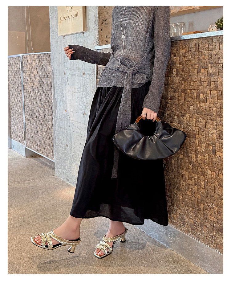 Karin Luna In Stock  Spot Goods  Unique Square-Toe Pleated Lace Sandals