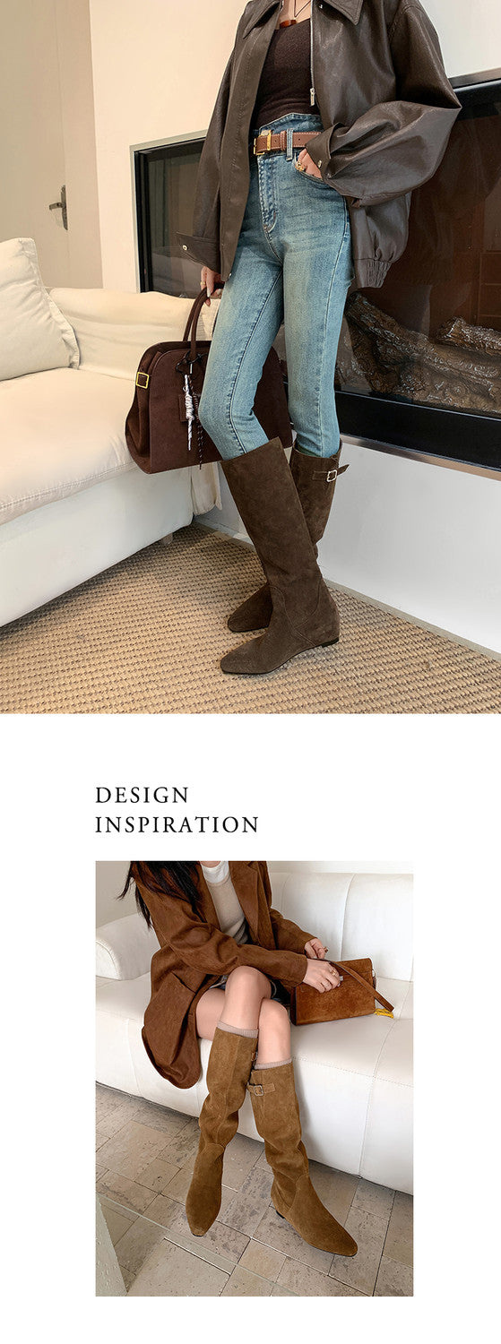 Karin Luna In Stock Spot Goods Vintage Cowhide Leather Chunky Heel Height Increasing Long Boots