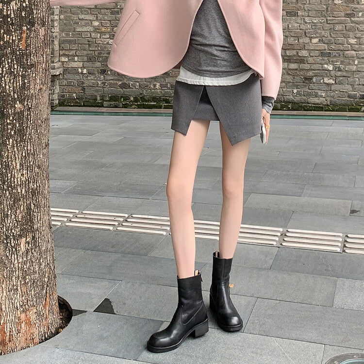 Karin Luna In Stock Spot Goods  Full-grain leather inside and out   Minimalist Texture  Round Toe Flat Bottom Basic Short Boots