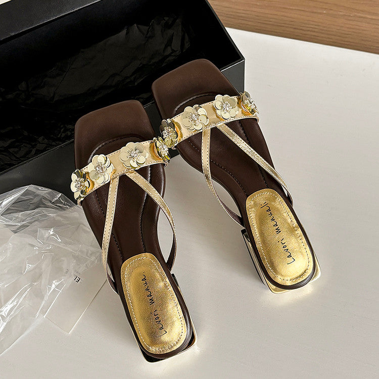 Karin Luna In Stock Spot Goods  One-Strap Sequin Floral Square-Toe Flat Slippers