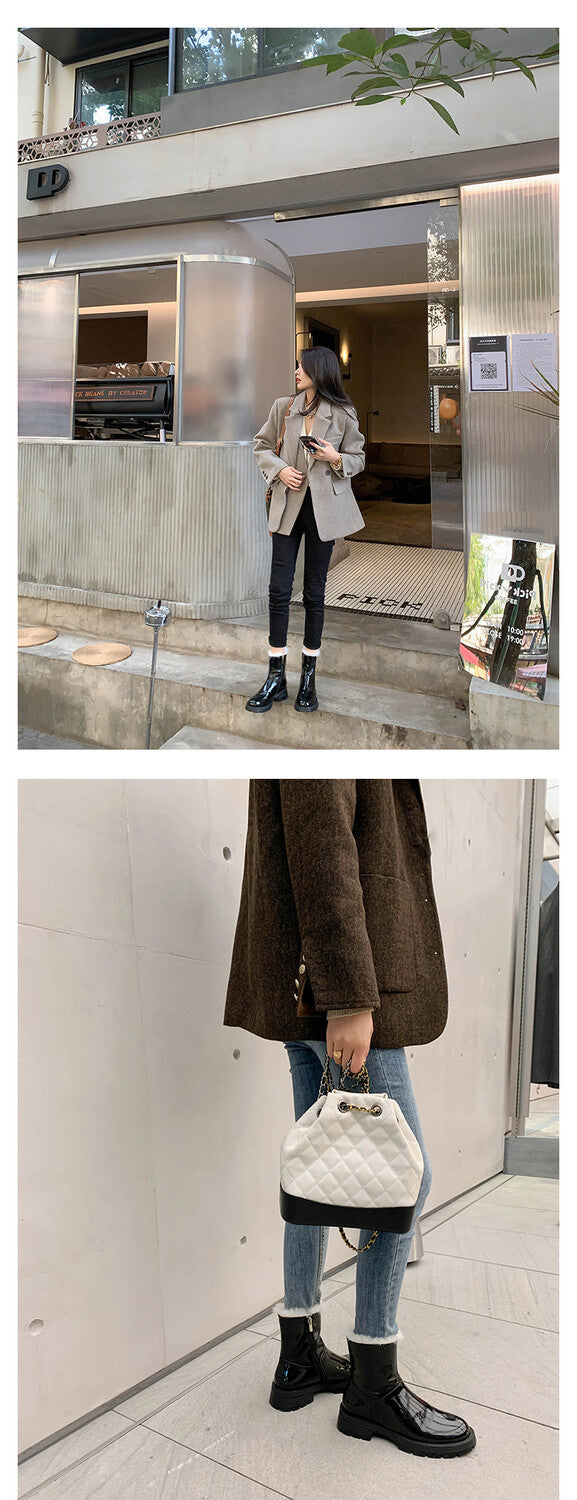 Karin Luna In Stock  Best-selling in stock Thickened Fleece Cow Patent Leather Hot-Selling Flat Short Boots