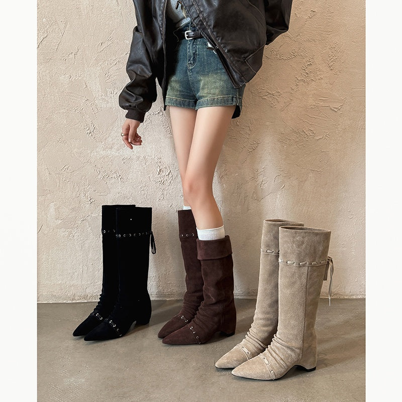 Karin Luna Elegant Style  Pointed Toe Pleated Hidden Wedge Western Boots