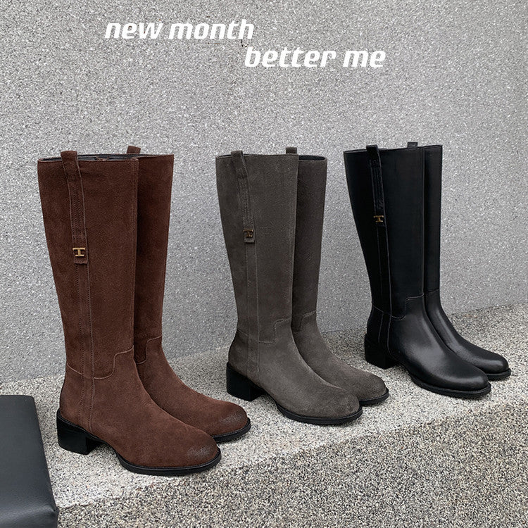Karin Luna In Stock Spot Goods Basic Retro Square Toe Chunky Heel Riding Boots