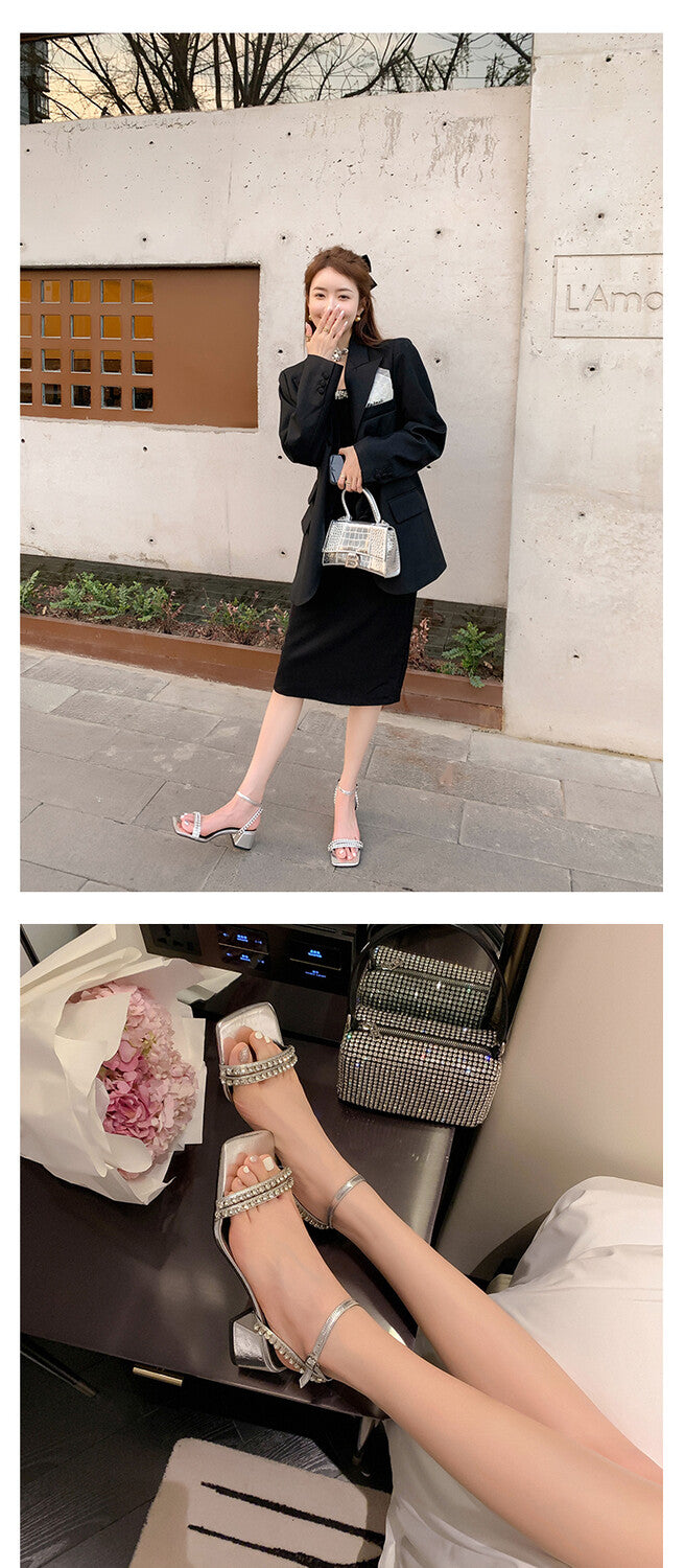 Karin Luna Classic Style   Rhinestone Strap Chunky Heel Open-Toe Sandals