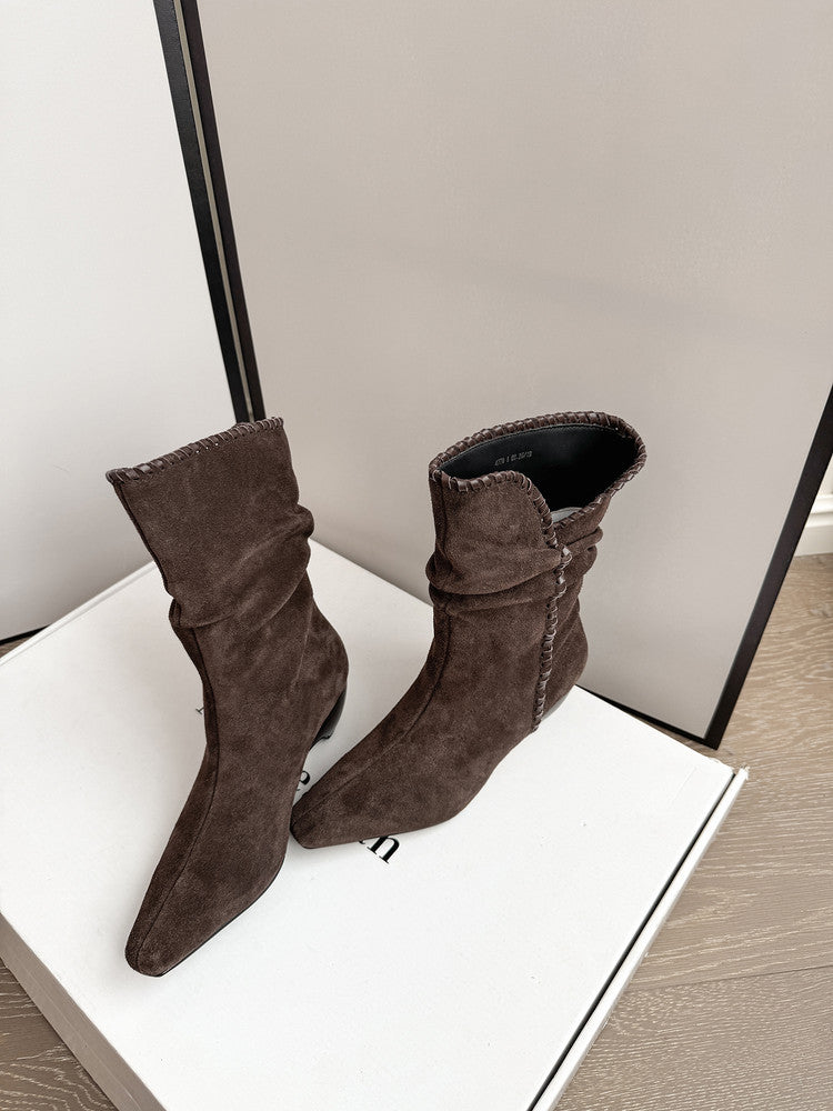 Karin Luna Elegant Style Small Square Toe Pleated Short Boots