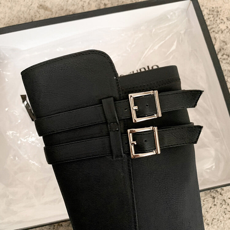 Karin Luna In Stock Best-selling in stock   Super Soft Sheepskin  Round Toe Thick Sole Vintage Belt Buckle Long Boots