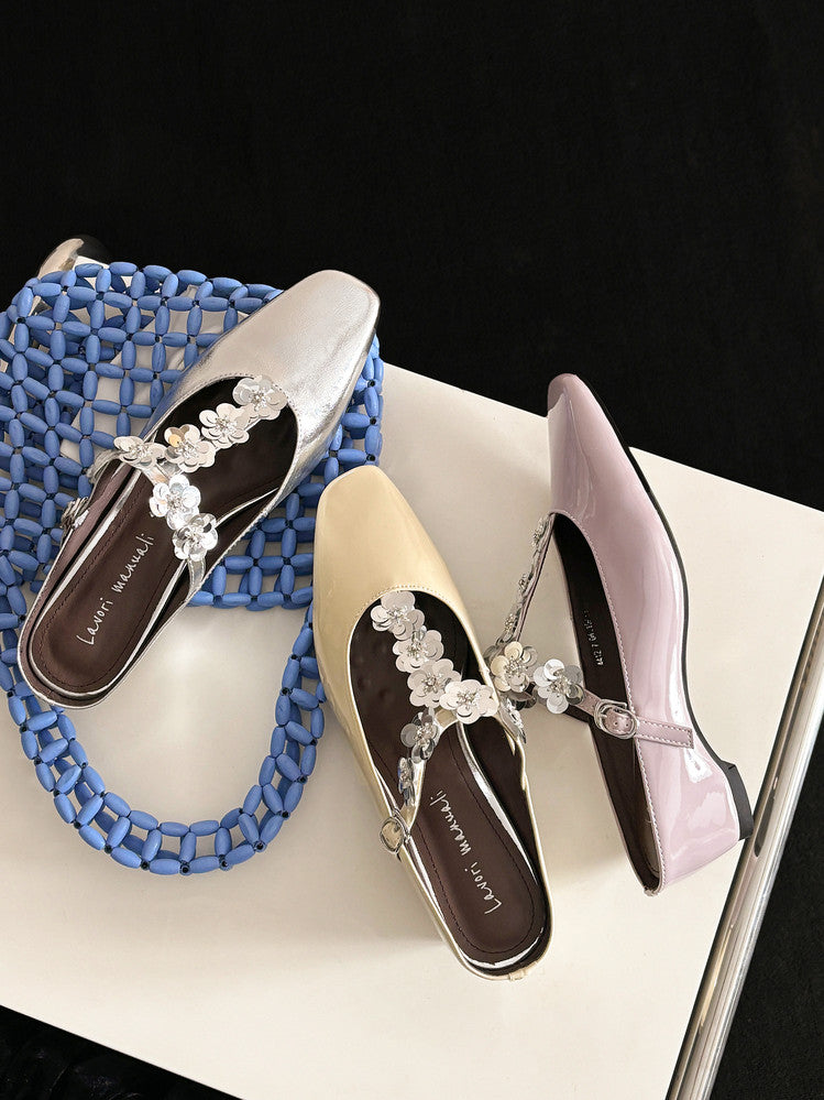 Karin Luna In Stock Spot Goods  T Handmade Sequin Flower Square Toe Height-Increasing Closed-Toe Slippers