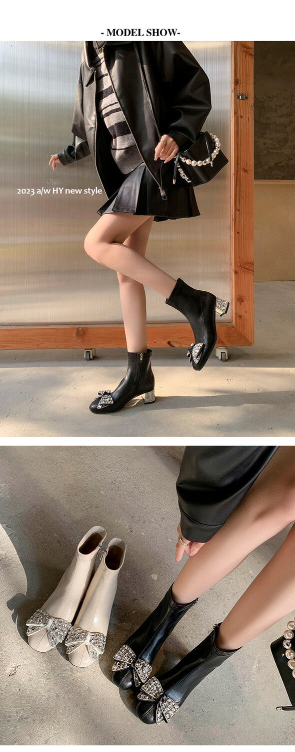 Karin Luna In Stock   Rhinestone Bow Thick Heel Slim Boots