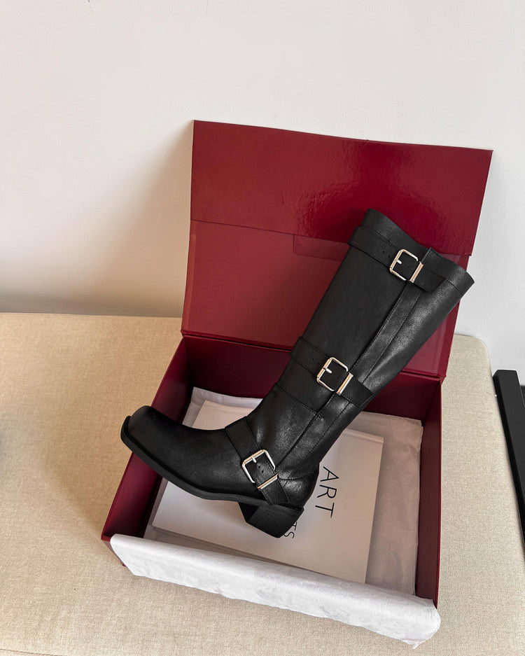 Karin Luna In Stock In Stock European and American Style Square Toe Thick Sole Belt Buckle Long Boots