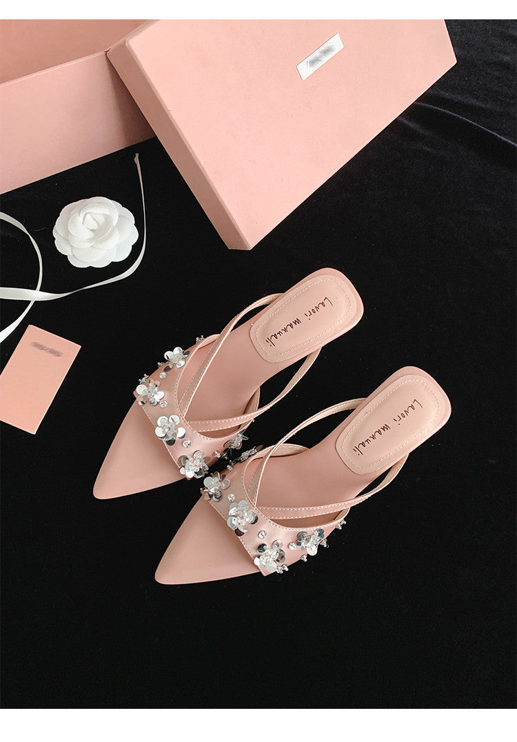 Karin Luna Bestseller Sequin Elements Elegant Pointed Toe Irregular Heel Slippers