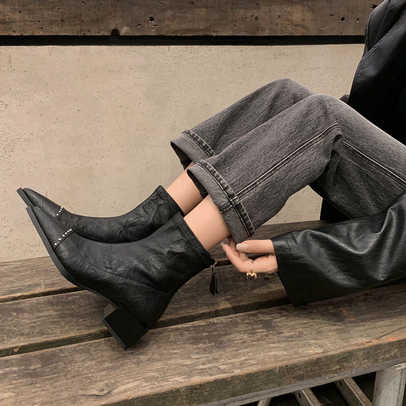 Karin Luna In Stock In Stock Slim Boots Series~Pointed Toe Rivet Slim Short Boots