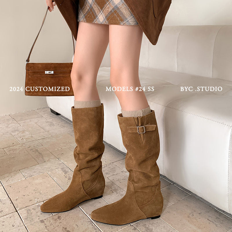 Karin Luna In Stock Spot Goods Vintage Cowhide Leather Chunky Heel Height Increasing Long Boots