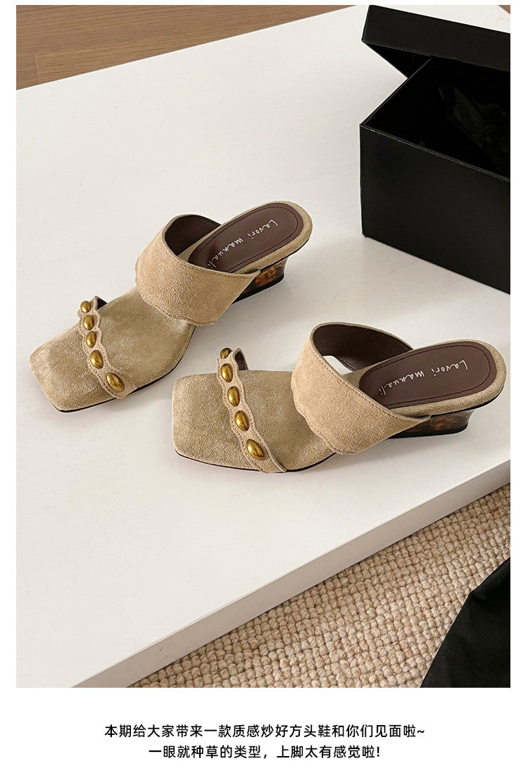 Karin Luna Hot-Selling Element Amber Heel~Spot Goods Spot Goods  Vacation Style One-Strap Amber Irregular Heel Slippers