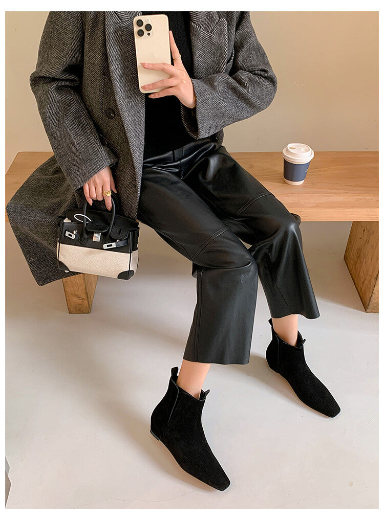 Karin Luna Classic Style Internal Height Increase Cowhide Leather Small Square Toe Short Fashion Boots