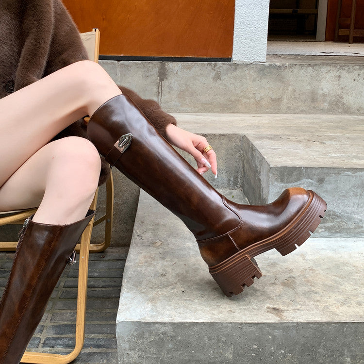Karin Luna In Stock In Stock  Round Toe Thick Sole Belt Buckle Side Zipper Knight Boots