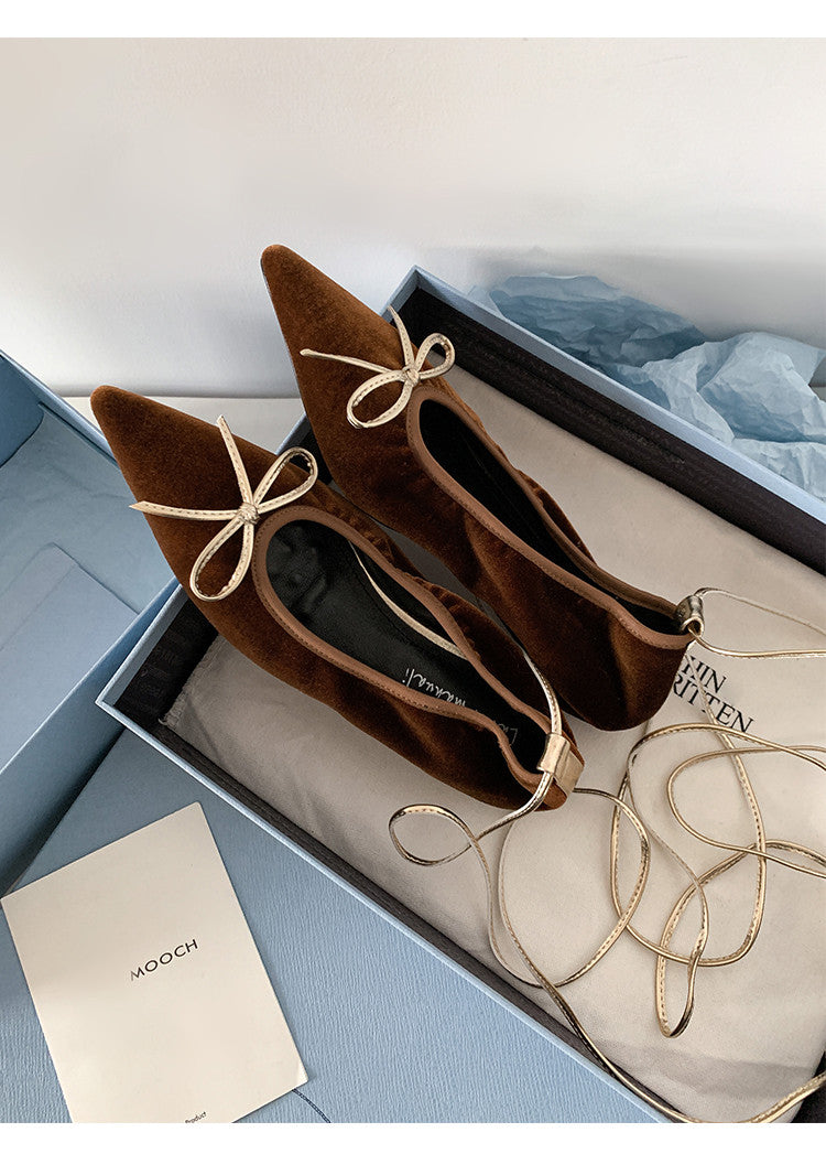 Karin Luna In Stock In Stock Retro Velvet Pointed Toe Bowknot Single Shoes