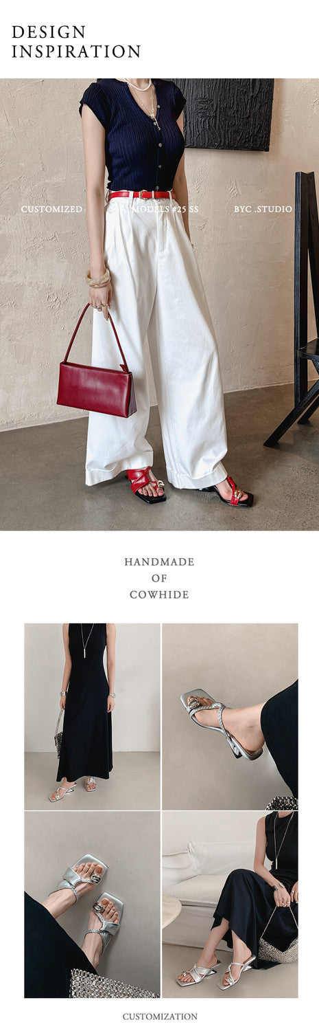 Karin Luna Braided Style ~Cross Strap Square Toe Irregular Heel Slippers