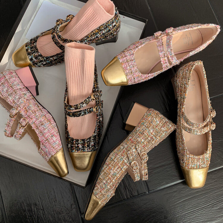 Karin Luna Classic Chanel Style~ Tweed Spring Limit Square Toe Chunky Heel Mary Jane Strap Single Shoes