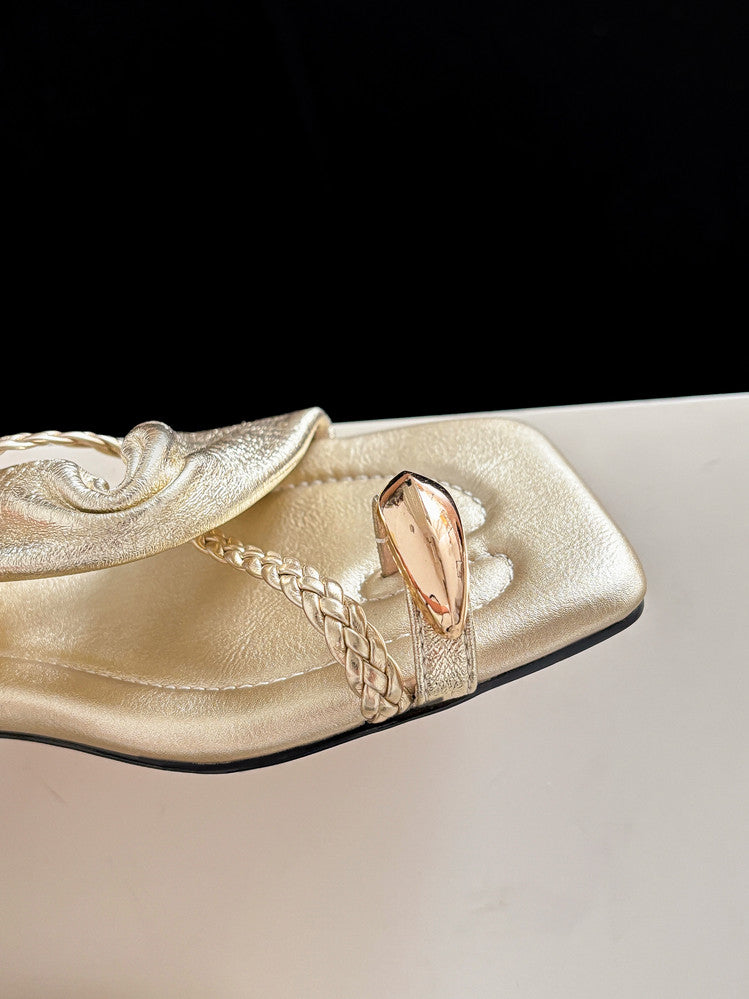 Karin Luna  Square Toe Braided Cross Thick Heel Flat Slippers