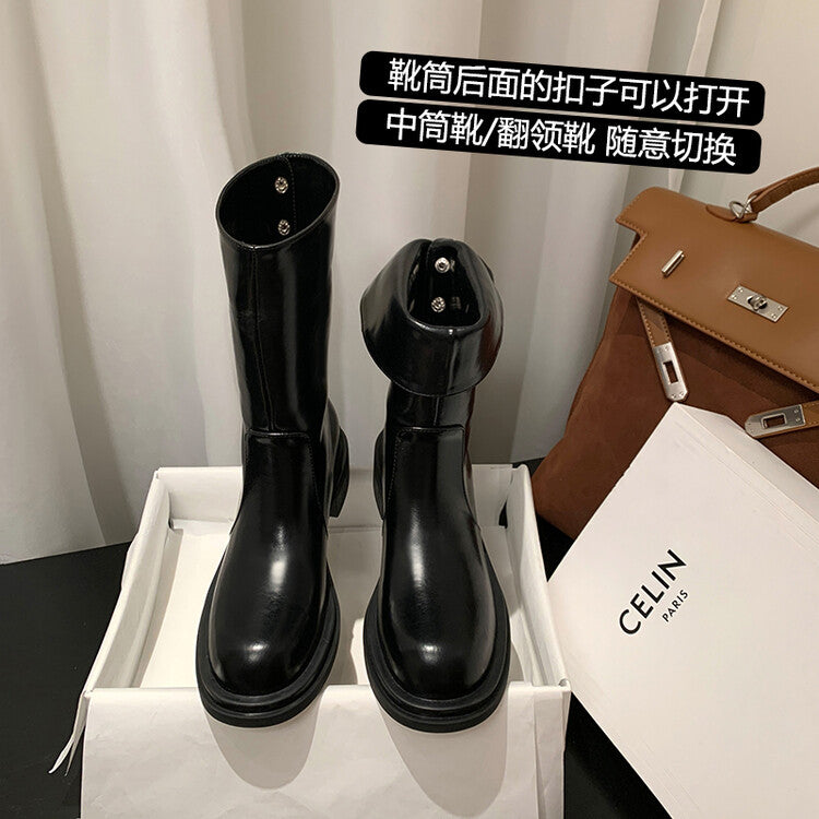 Karin Luna Classic Basic Style   Convertible Foldable Hidden Buckle Snow Fur Shoes Full cowhide Basic Flat Short Boots