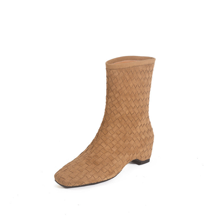 Karin Luna Handmade Woven Fabric Small Square Toe Hidden Heel Short Boots