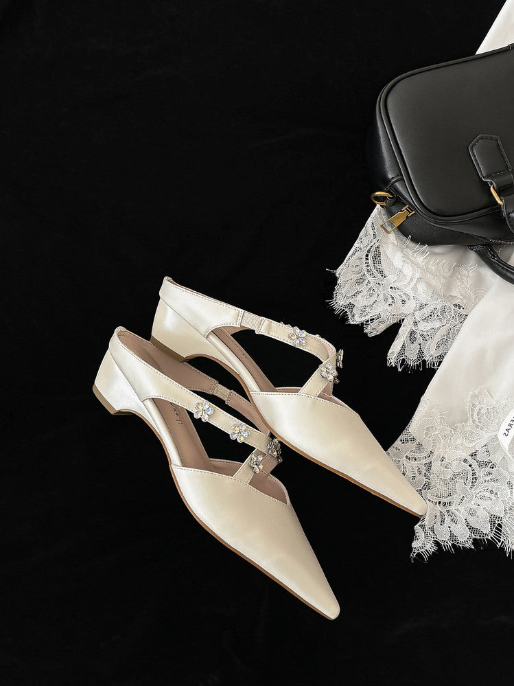 Karin Luna Elegant Pointed Toe Rhinestone Flower High Heel Mules