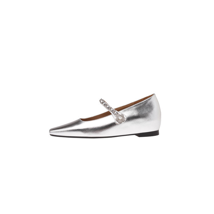 Karin Luna In Stock In Stock ~Metal One-Strap Pearl Small Square Toe Height-Increasing Flats