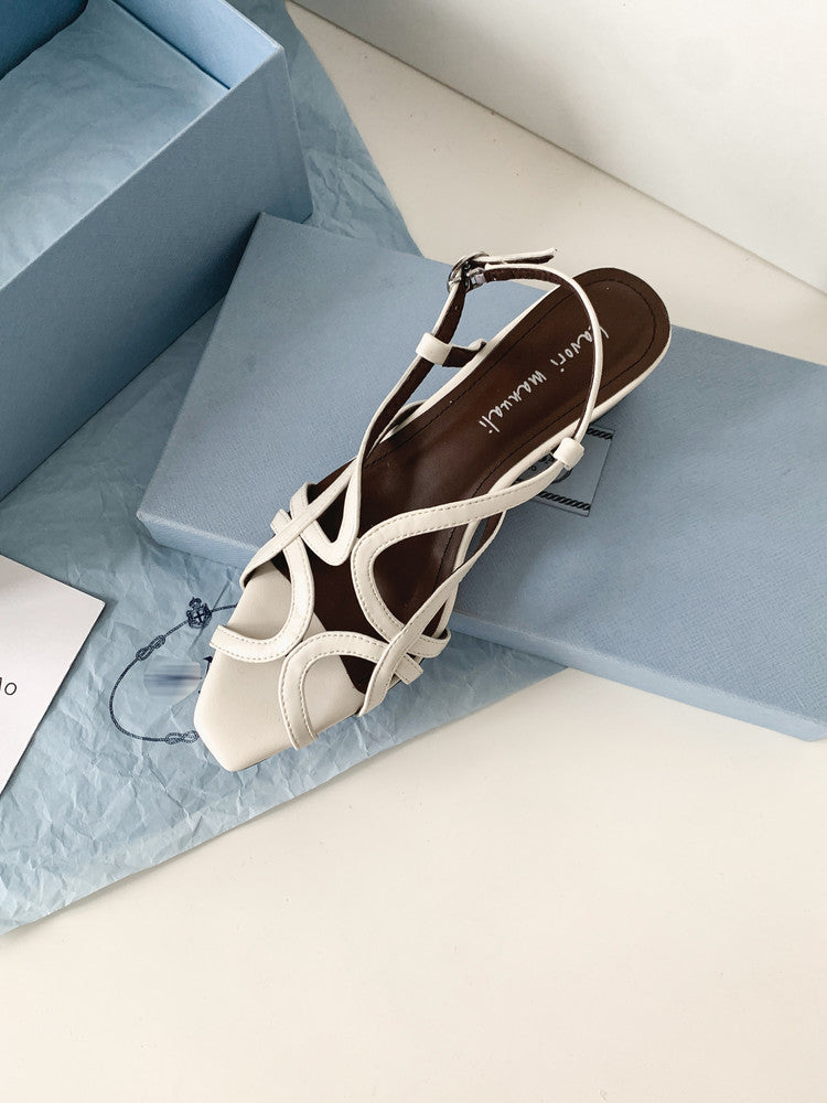 Karin Luna French Hollow Style Small Square Toe Chunky Heel Sandals