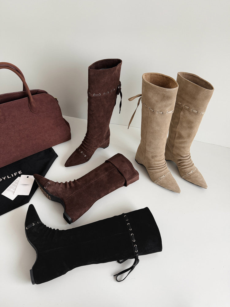 Karin Luna Elegant Style  Pointed Toe Pleated Hidden Wedge Western Boots