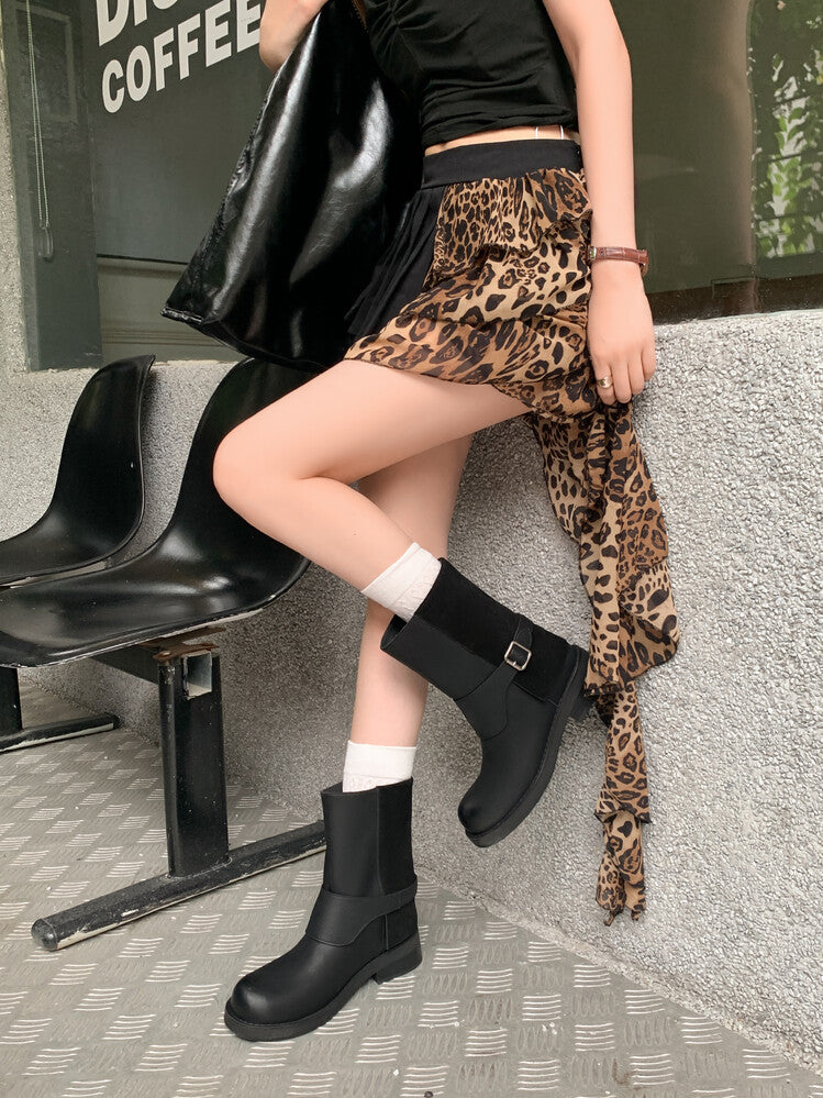 Karin Luna Belt Buckle Chunky Heel Fashion Short Boots