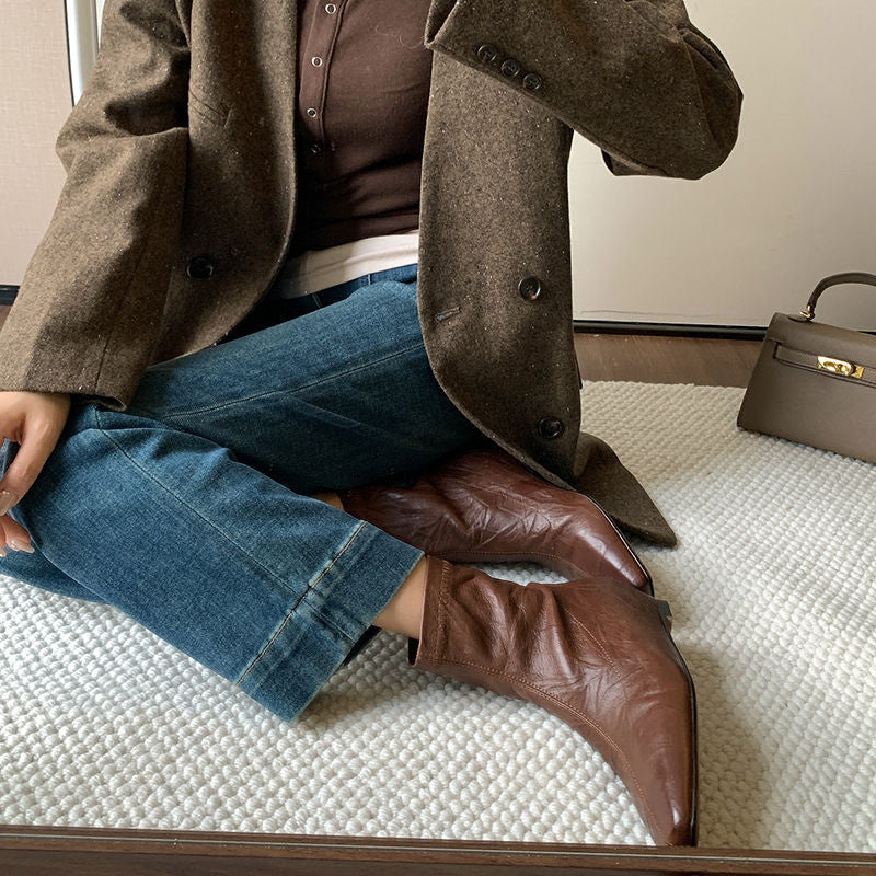 Karin Luna In Stock Spot Goods Slim Series  Hidden Wedge Small Square Toe Back Zipper Short Boots