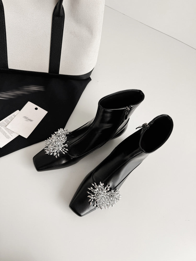 Karin Luna Elegant Style Square Toe Flower Design Height Increasing Short Boots with Two Front and Back Options