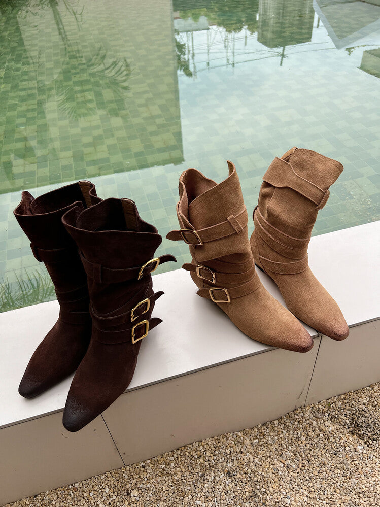 Karin Luna Cow Leather Small Square Toe Belt Buckle Fashion Boots