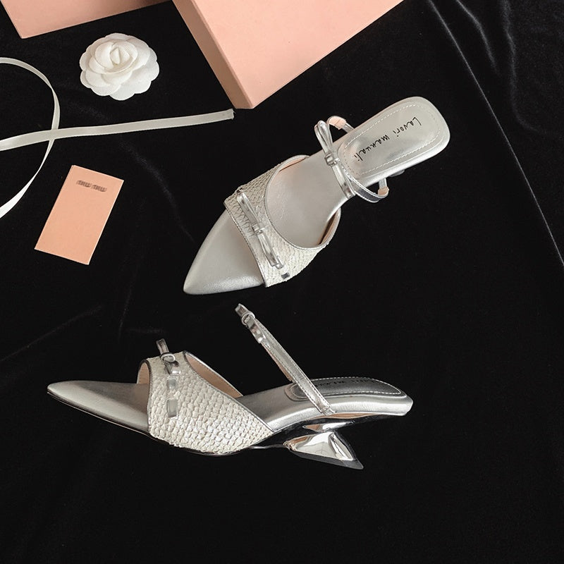 Karin Luna Fish Skin Series~Pointed Toe Irregular Heel Bowknot Strap Slippers