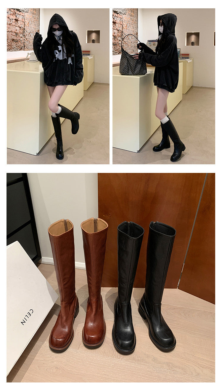 Karin Luna Basic Versatile Style Round Toe Chunky Heel Long Boots