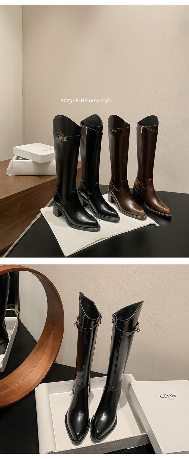 Karin Luna Hot-Selling Fasteners Sold as soon as listed Comes with data plan included Pointed Toe Chunky Heel Classic Full Cowhide Leather Riding Boots