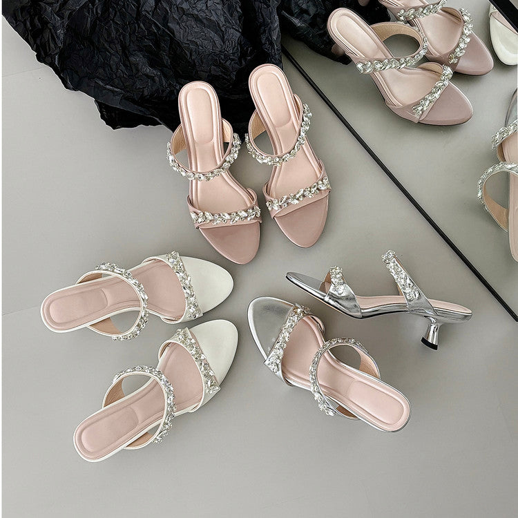 Karin Luna Exquisite Round Toe One-Strap Rhinestone Thin Heel Slippers