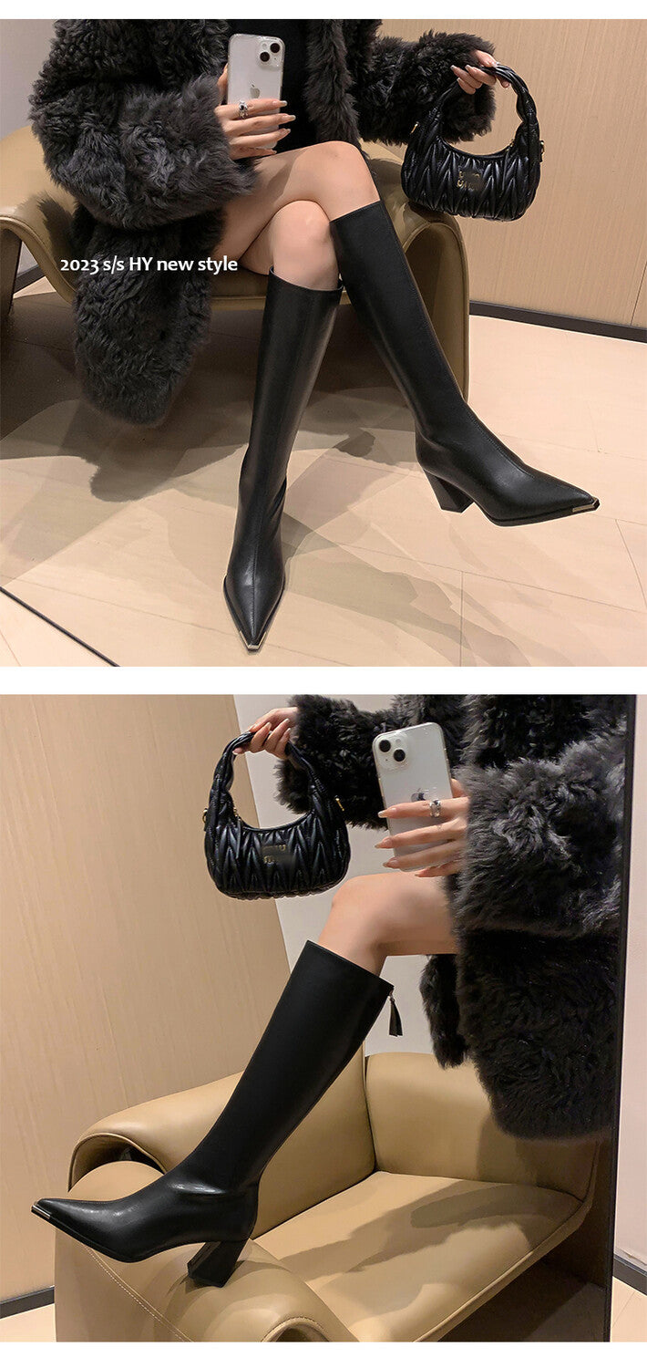 Karin Luna In Stock  In Stock Elegant Metal Pointed Toe Chunky Heel Full Cowhide Leather Riding Boots