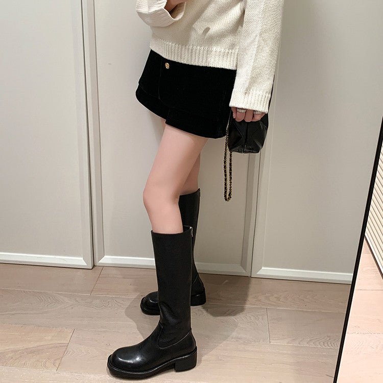 Karin Luna Basic Versatile Style Round Toe Chunky Heel Long Boots