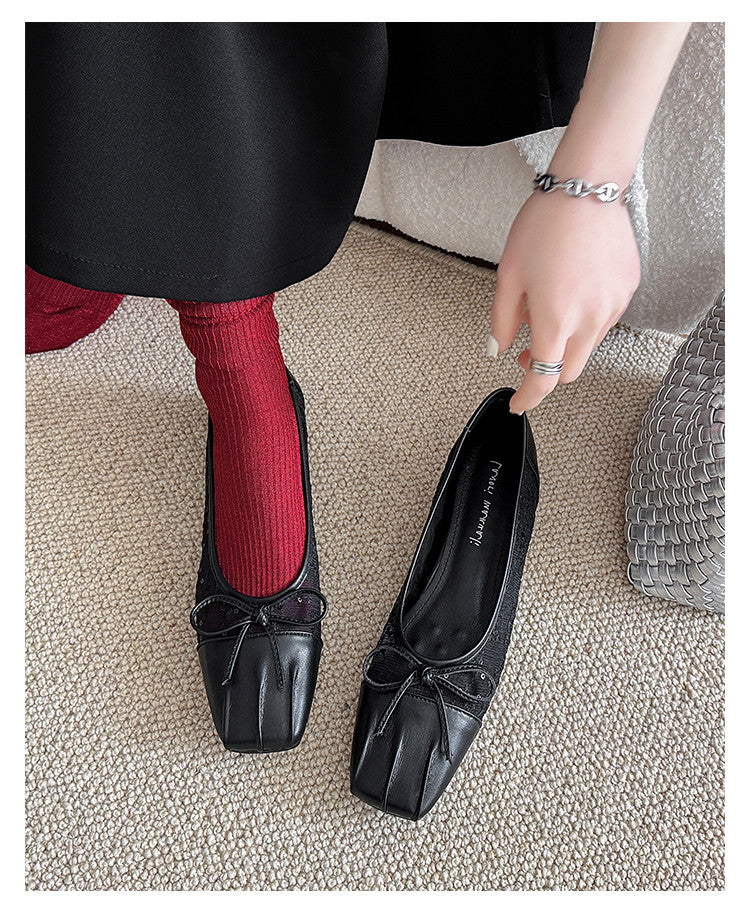 Karin Luna In Stock In Stock  Wrinkled Square Toe Patchwork Breathable Mesh Bow Granny Shoes