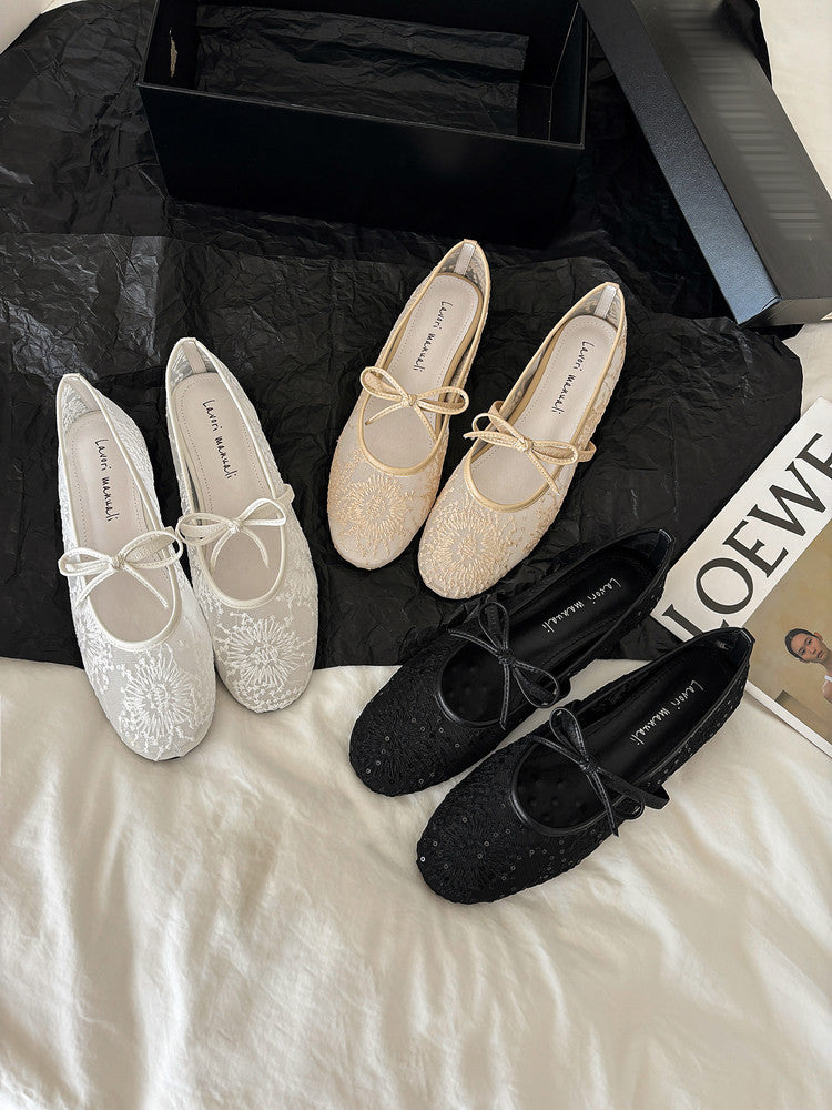 Karin Luna In Stock Spot Goods  Summer Breathable Retro Embroidered Bow Granny Shoes